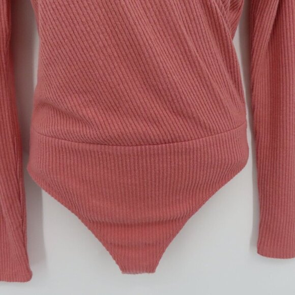 Express Women Small Pink Ribbed V Neck Wrap Long Sleeve Bodysuit One Piece NEW - Picture 3 of 10